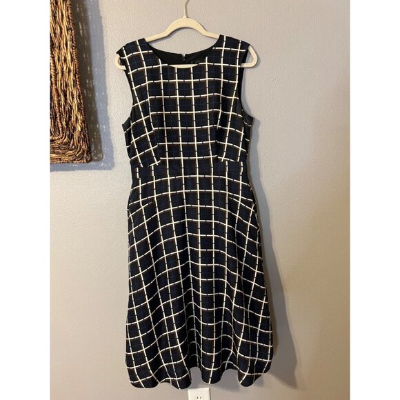 J Crew SILK Midi Dress 10 Black Cream Blue Brown A Line Career Church - Picture 11 of 16